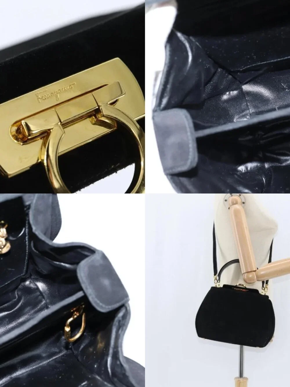 Salvatore Ferragamo Hand Bag Suede 2way Black Gold Auth BA7321